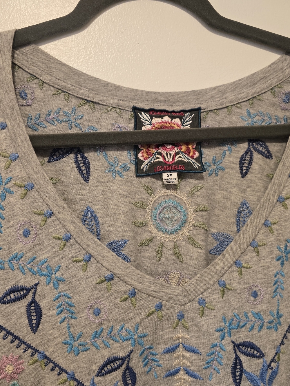 Los Angeles Apparel Light Gray V-Neck Tunic with Blue Embroidery